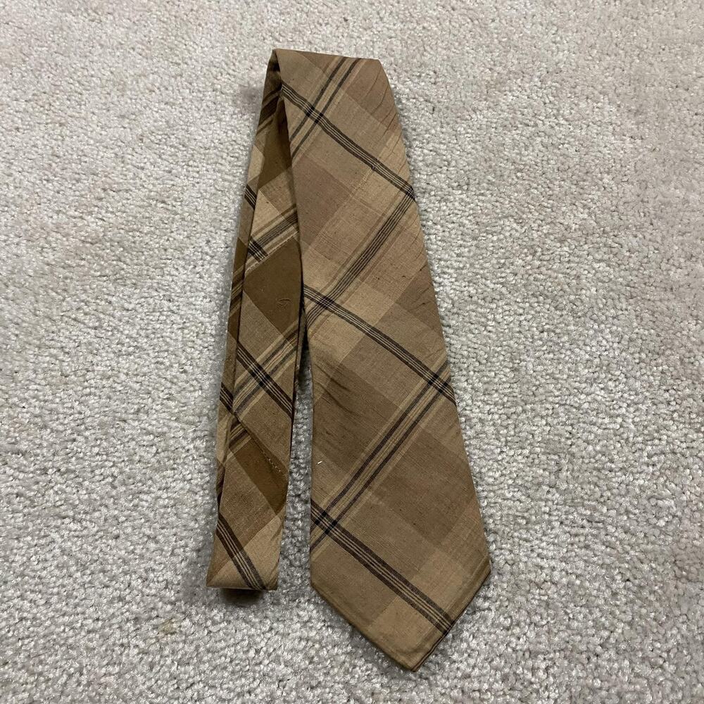 VTG Alderman Reed Tie Brown Plaid Madras Cotton Necktie Woven Academia Summer